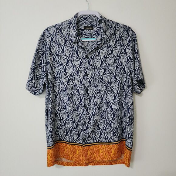 Tasso Elba Men's Silk-Blend Short Sleeve Button-Up Shirt Blue White Orange Sz L - Picture 1 of 11